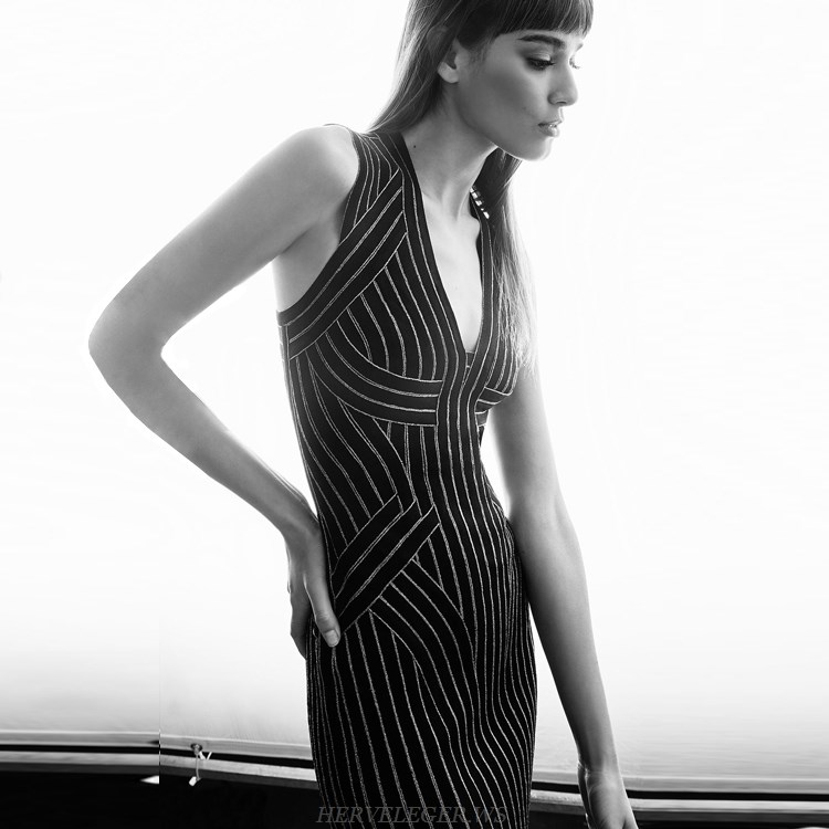Herve Leger Black White Striped Fringe Bandage Dress