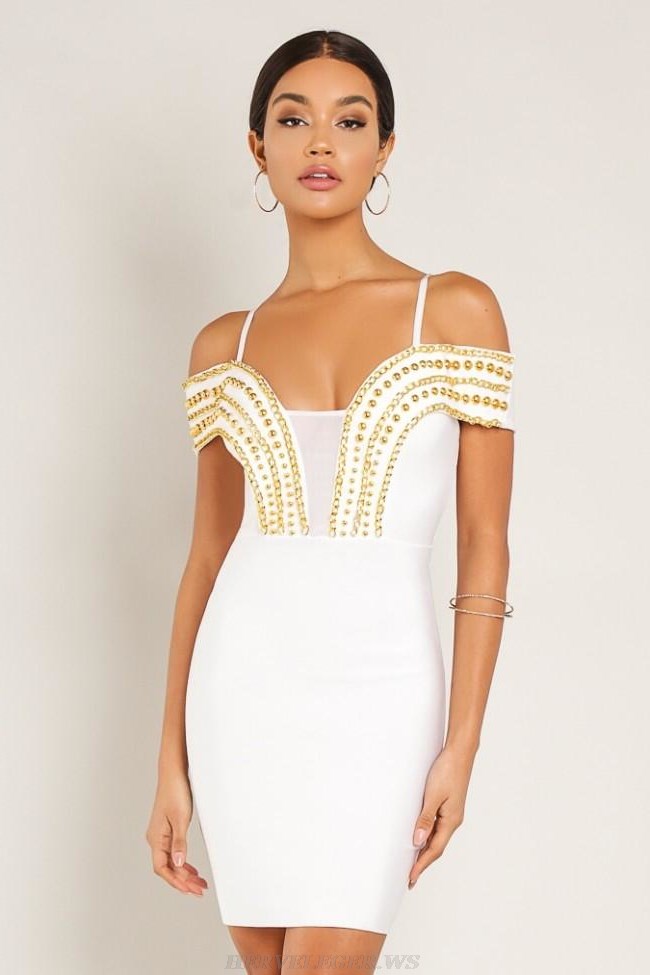 Herve Leger White Chain Bardot Bandage Dress Herve Leger White Chain Bardot Bandage Dress