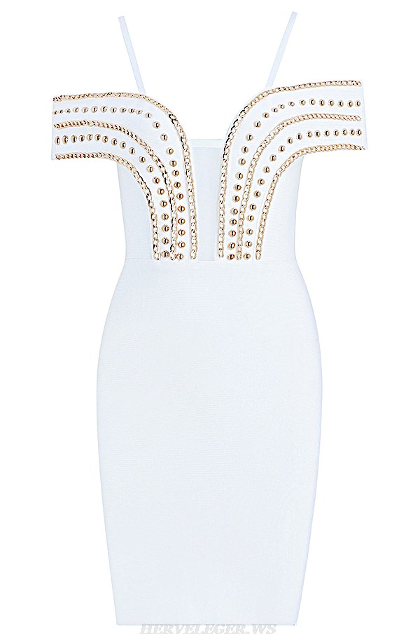 Herve Leger White Chain Bardot Bandage Dress
