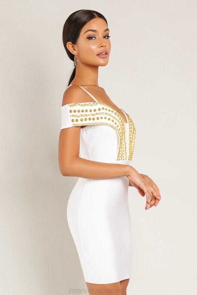 Herve Leger White Chain Bardot Bandage Dress