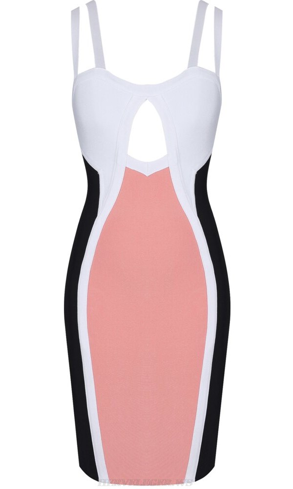 Herve Leger Black White Peach Colorblock Bandage Dress