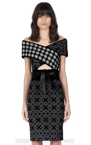 Herve Leger Black White Cross Over Bardot Bandage Dress
