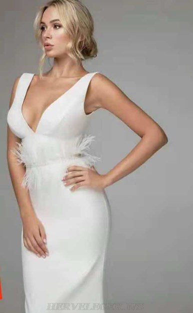 Herve Leger White V Neck Feather Bandage Dress Herve Leger White V Neck Feather Bandage Dress