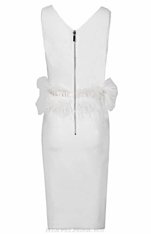 Herve Leger White V Neck Feather Bandage Dress
