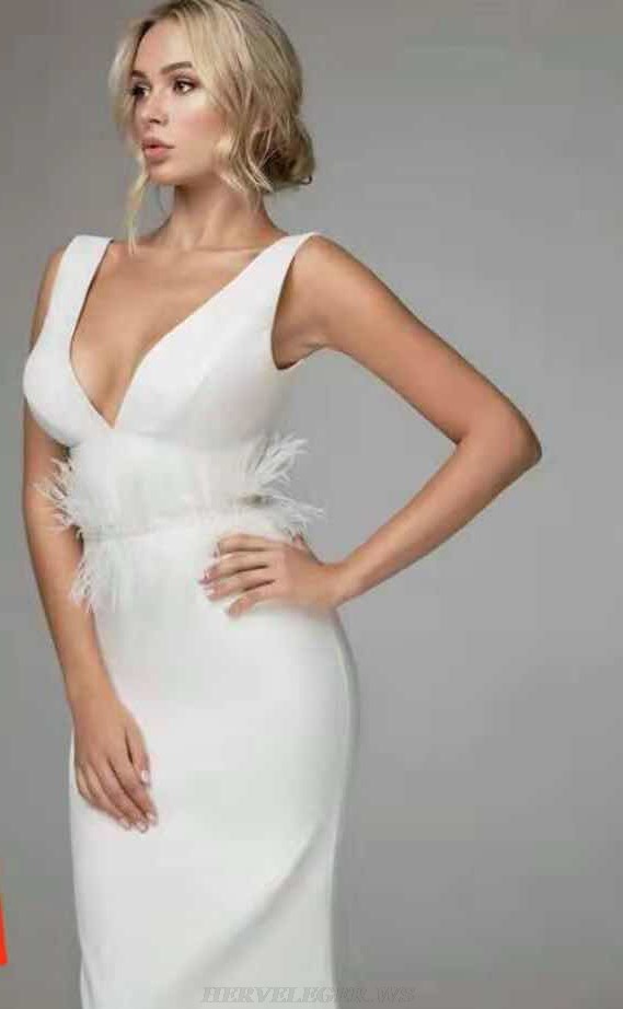 Herve Leger White V Neck Feather Bandage Dress