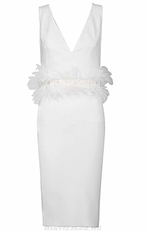 Herve Leger White V Neck Feather Bandage Dress