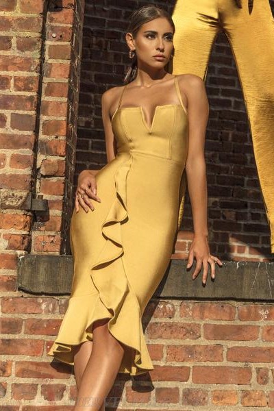 Herve Leger Mustard Frill Fluted Strapless Bandage Dress