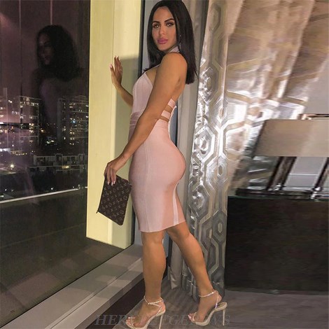 Herve Leger Nude Pink Halter Strappy Bandage Dress