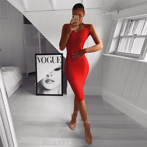 Herve Leger Red Halter Structured Straps Bandage Dress