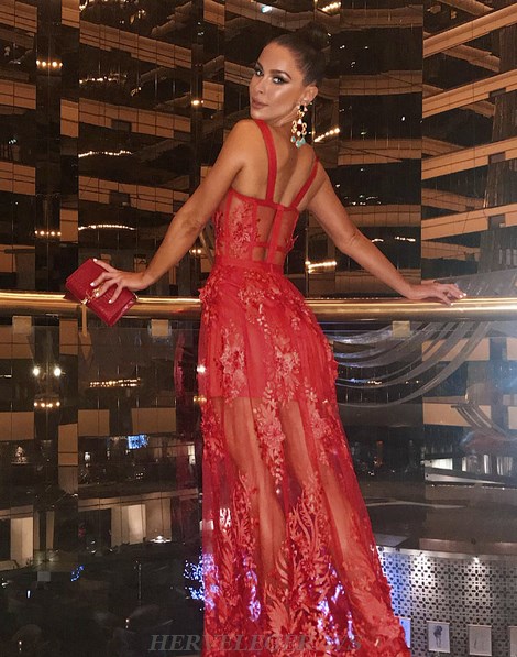Herve Leger Red Lace Bustier Gown 