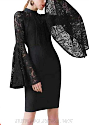 Herve Leger Black Lace Trumpet Sleeve Bandage Dress