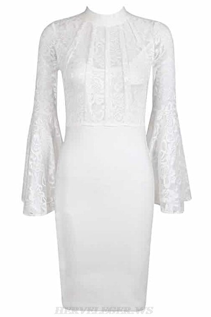 Herve Leger White Lace Trumpet Sleeve Bandage Dress Herve Leger White Lace Trumpet Sleeve Bandage Dress