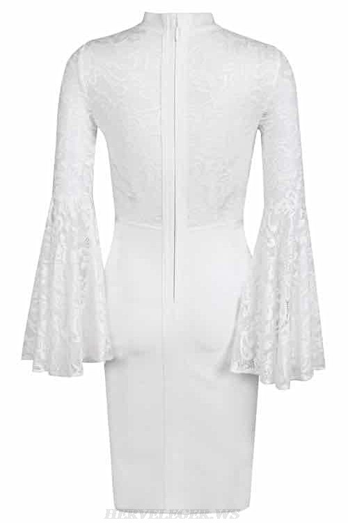 Herve Leger White Lace Trumpet Sleeve Bandage Dress
