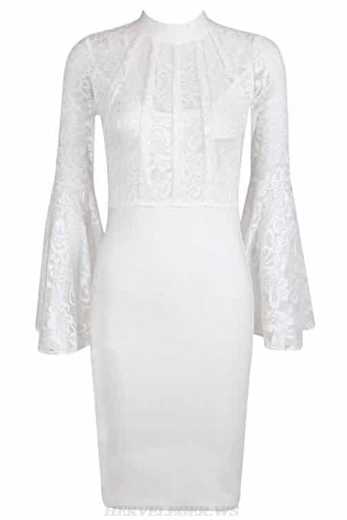 Herve Leger White Lace Trumpet Sleeve Bandage Dress