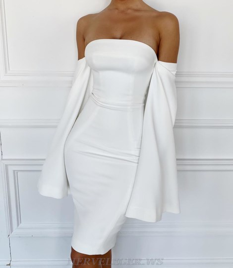 Herve Leger White Long Sleeve Bardot Strapless Bandage Dress
