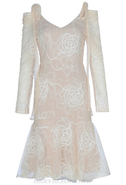Herve Leger Nude Long Sleeve Fluted Mesh Dress