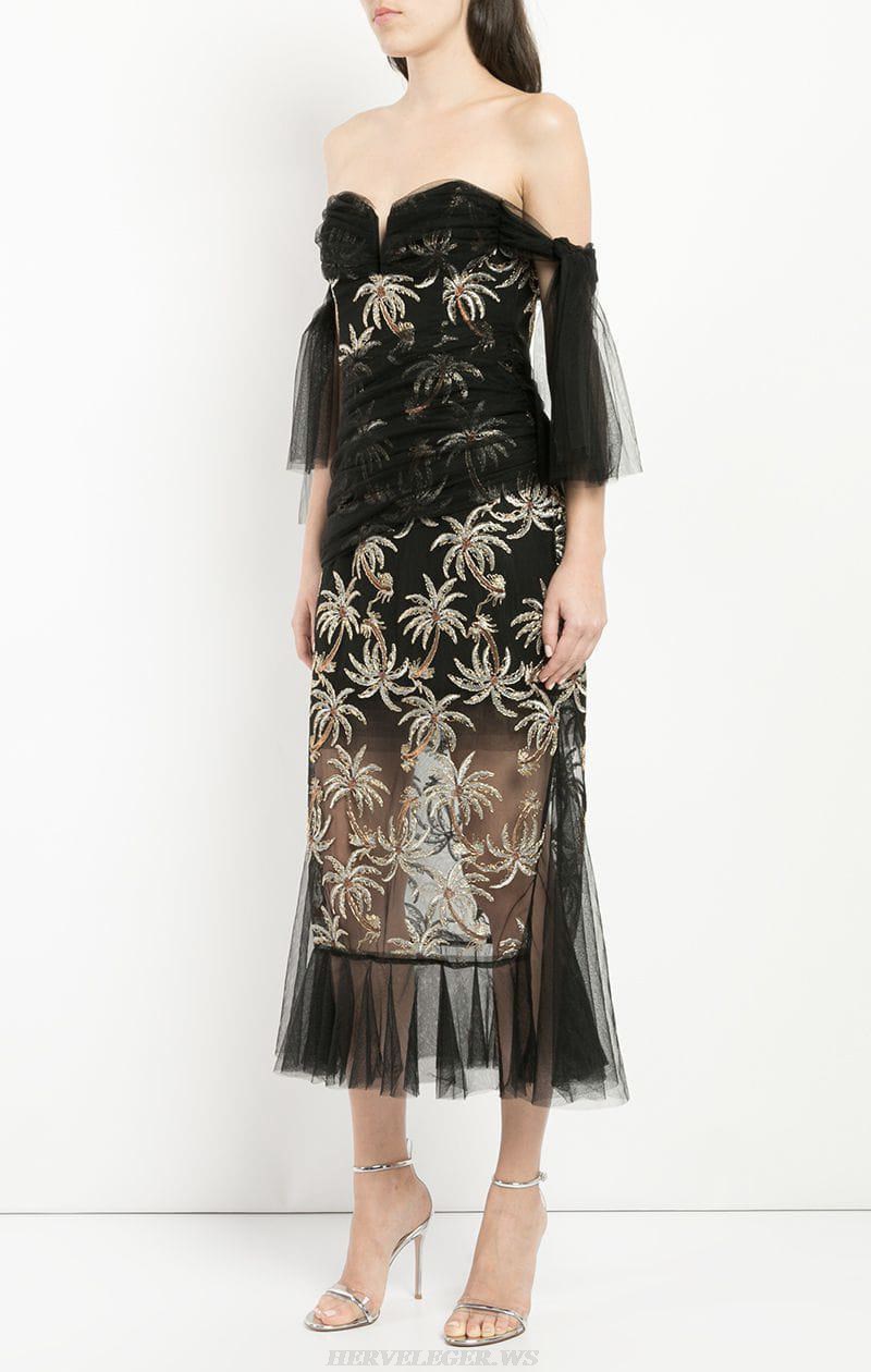 Herve Leger Black Mesh Bardot Fluted Dress