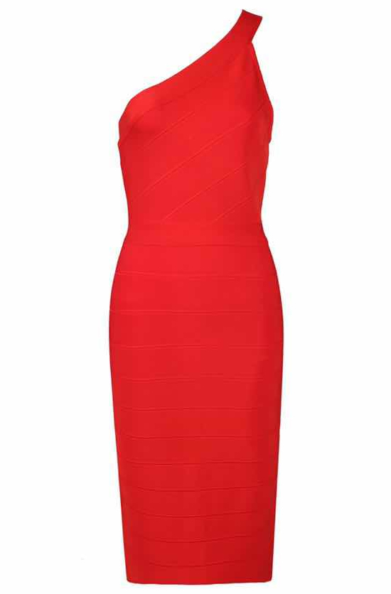 Herve Leger Red One Shoulder Strap Bandage Dress