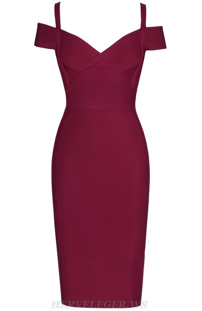 Herve Leger Burgundy Strap Bardot Bandage Dress Herve Leger Burgundy Strap Bardot Bandage Dress
