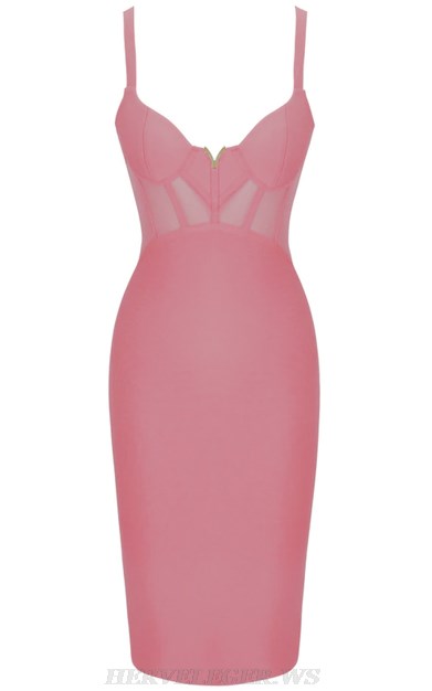 Herve Leger Pink V Neck Structured Mesh Bandage Dress