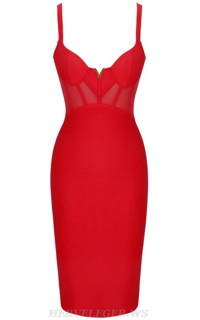 Herve Leger Red V Neck Structured Mesh Bandage Dress