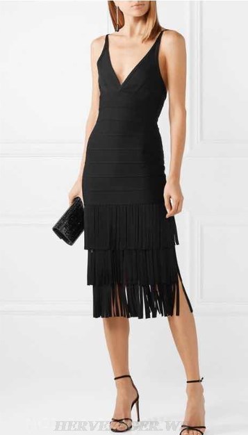 Herve Leger Black V Neck Tassel Bandage Dress