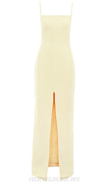 Herve Leger Light Yellow Backless Slit Gown