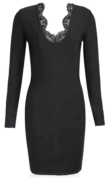 Herve Leger Black Long Sleeve Lace Detail Dress