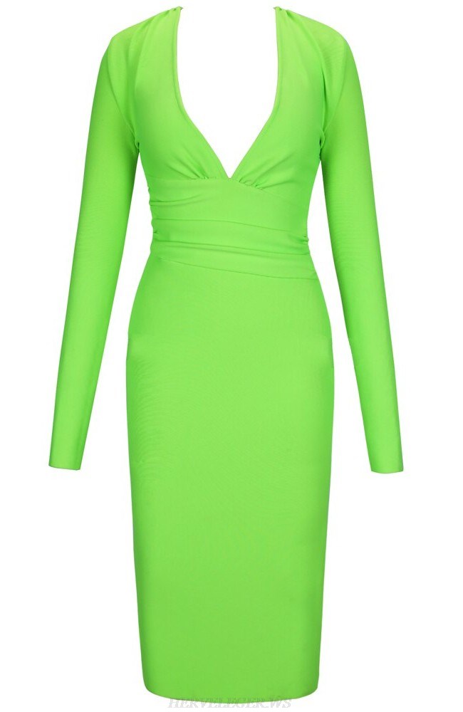 Herve Leger Neon Green Long Sleeve Plunge V Neck Dress