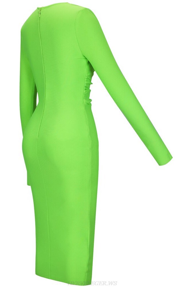 Herve Leger Neon Green Long Sleeve Plunge V Neck Dress