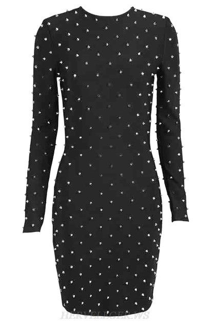 Herve Leger Black Long Sleeve Studded Dress