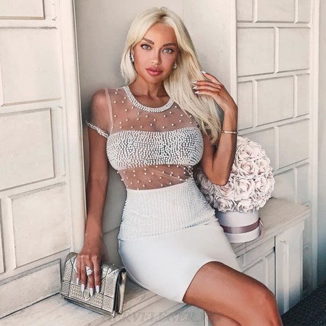 Herve Leger White Nude Pearl Embellished Dress