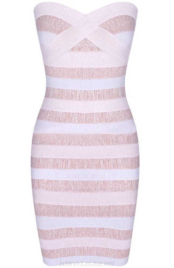 Herve Leger Nude White Strapless Stripes Dress