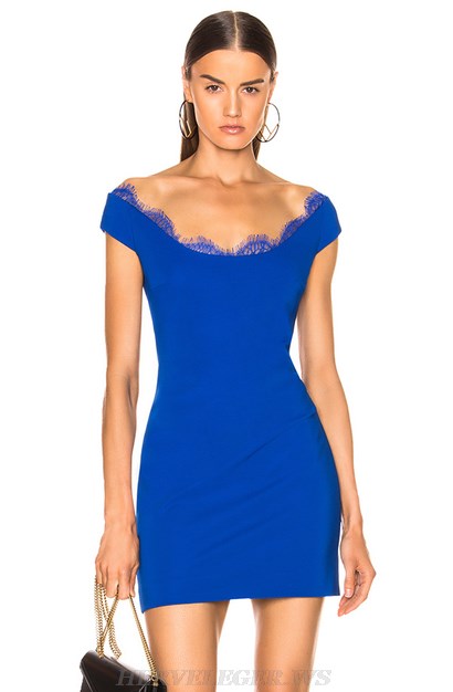 Herve Leger Blue Boatneck Lace Dress