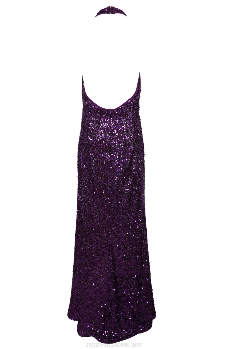 Herve Leger Purple Halter Sequin Mermaid Dress