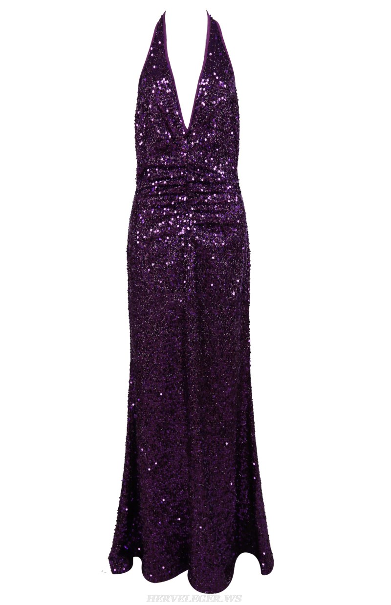 Herve Leger Purple Halter Sequin Mermaid Dress