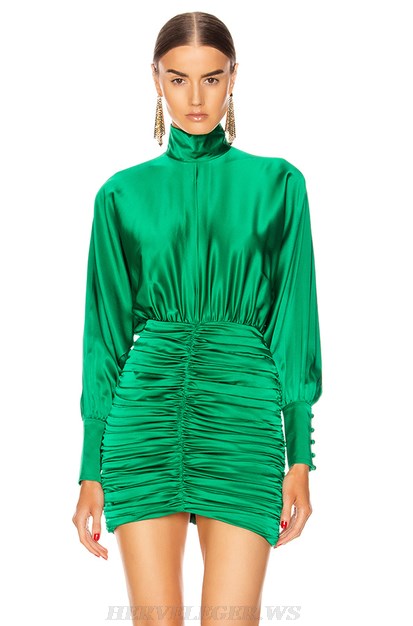 Herve Leger Green Long Sleeve Ruched Satined Dress