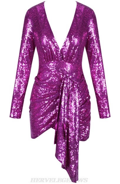 Herve Leger Magenta Long Sleeve Ruched Sequin Two Piece Dress