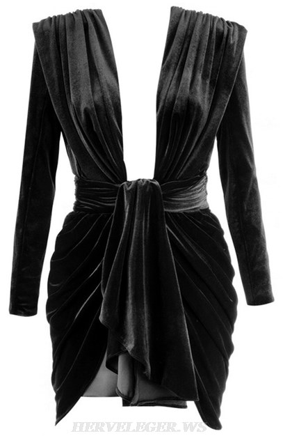 Herve Leger Black Long Sleeve Ruched Velvet Dress