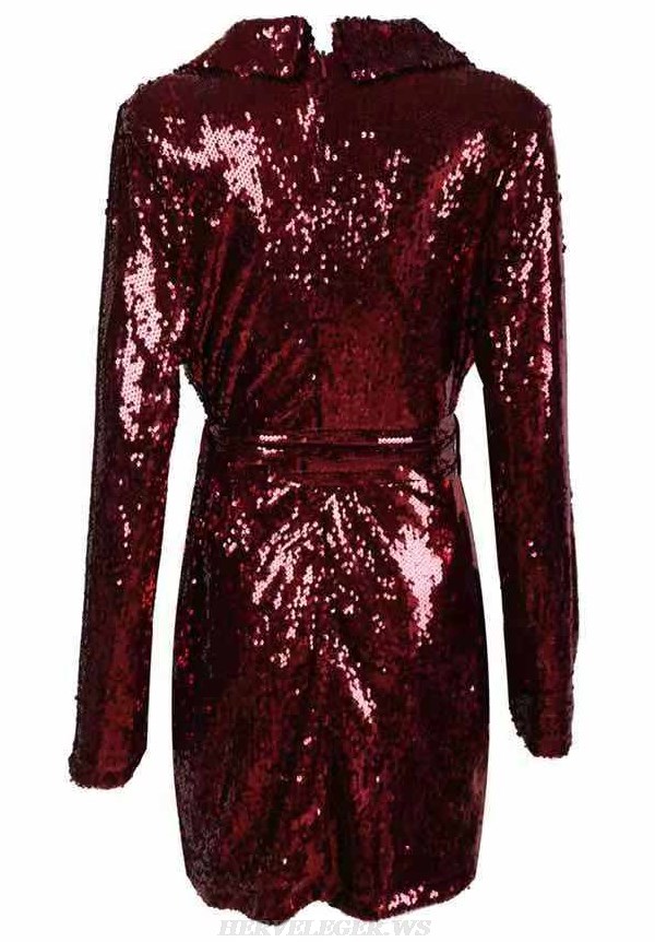 Herve Leger Burgundy Long Sleeve Sequin Dress
