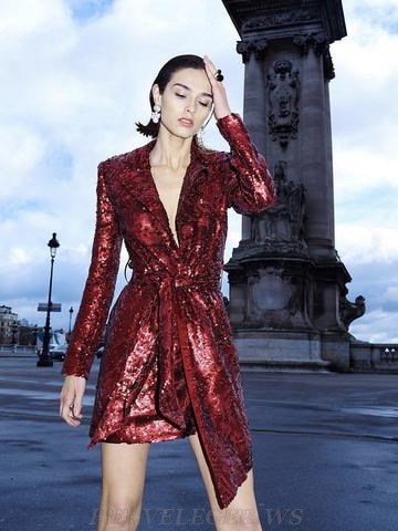 Herve Leger Burgundy Long Sleeve Sequin Dress