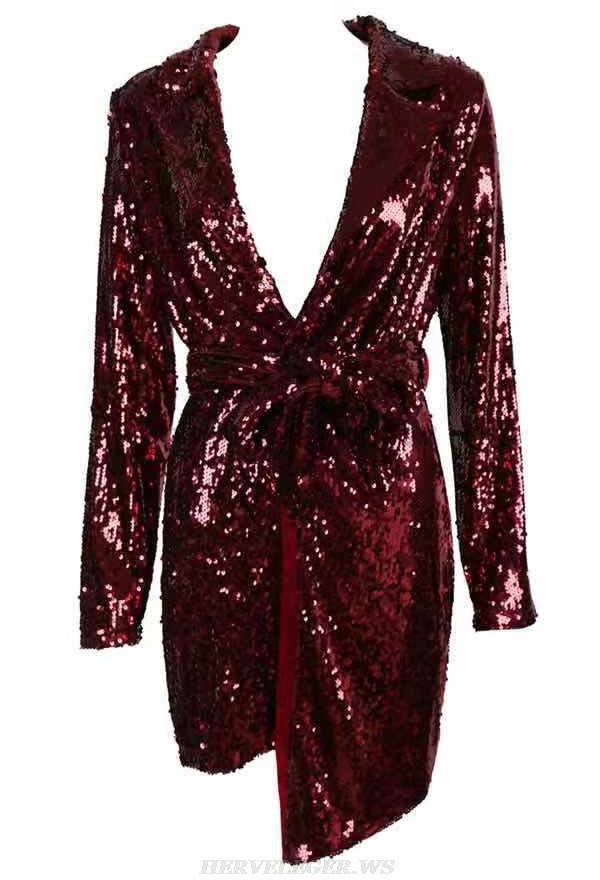 Herve Leger Burgundy Long Sleeve Sequin Dress