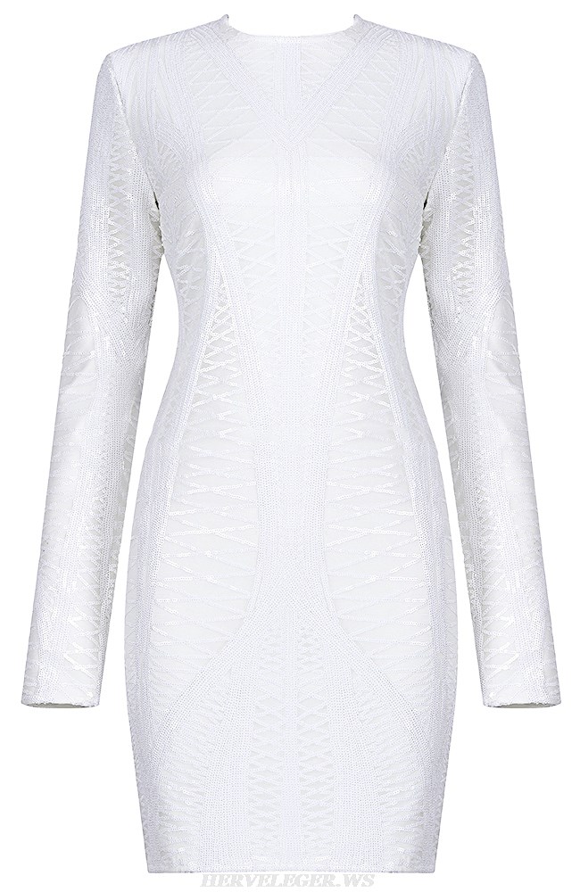Herve Leger White Long Sleeve Sequin Dress