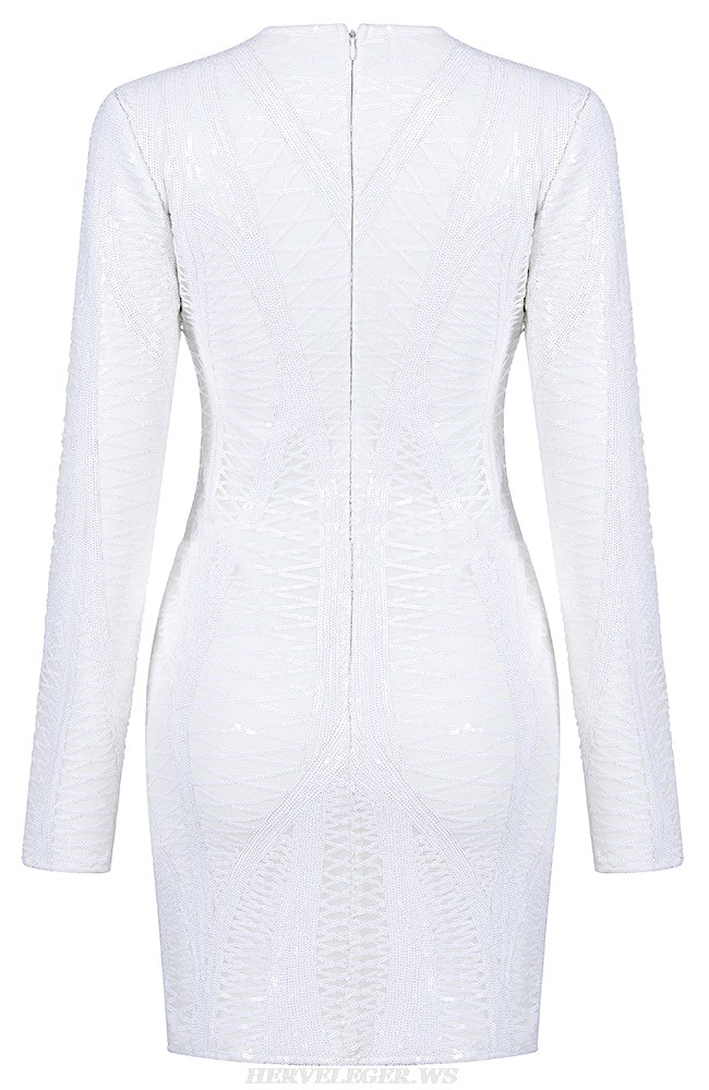 Herve Leger White Long Sleeve Sequin Dress