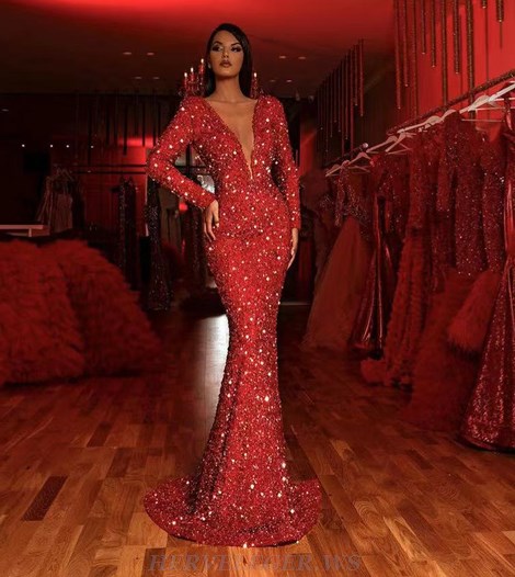 Herve Leger Red Long Sleeve Sequin Mermaid Dress