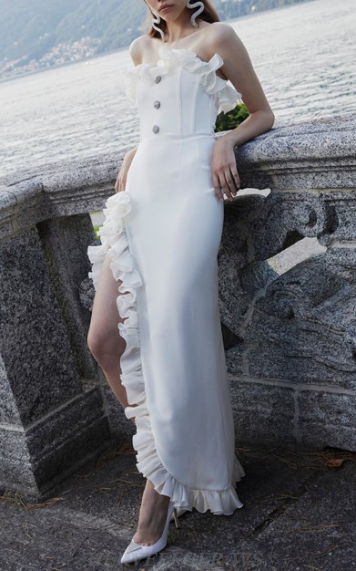 Herve Leger White Mesh Frill Strapless Gown