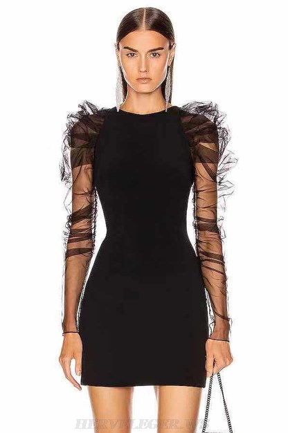 Herve Leger Black Mesh Long Sleeve Dress