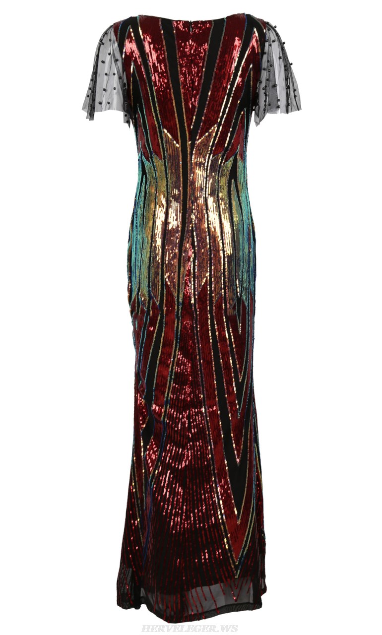 Herve Leger Red Gold Short Sleeve Sequin Gown