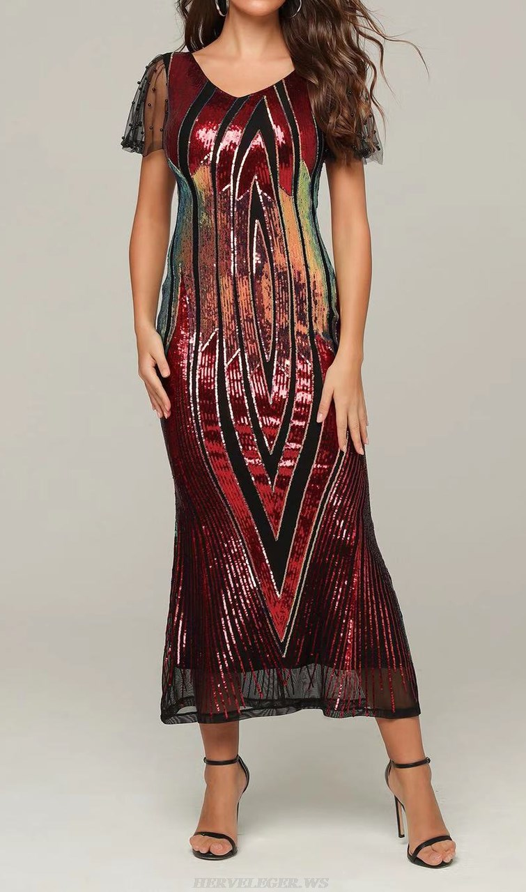 Herve Leger Red Gold Short Sleeve Sequin Gown