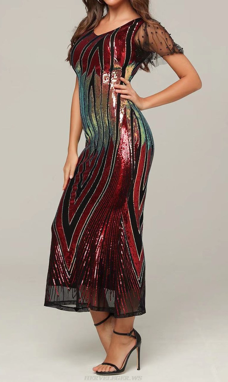 Herve Leger Red Gold Short Sleeve Sequin Gown